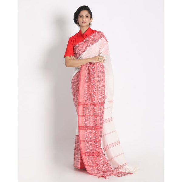 Women's Handspun Cotton White Handloom Begampuri Saree - Piyari Fashion