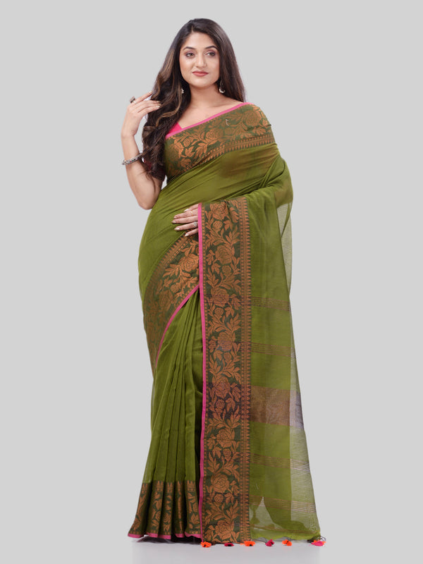 Women's Cotton Handloom Cotton Silk Saree Gulab Work With Blouse Piece - Piyari Fashion