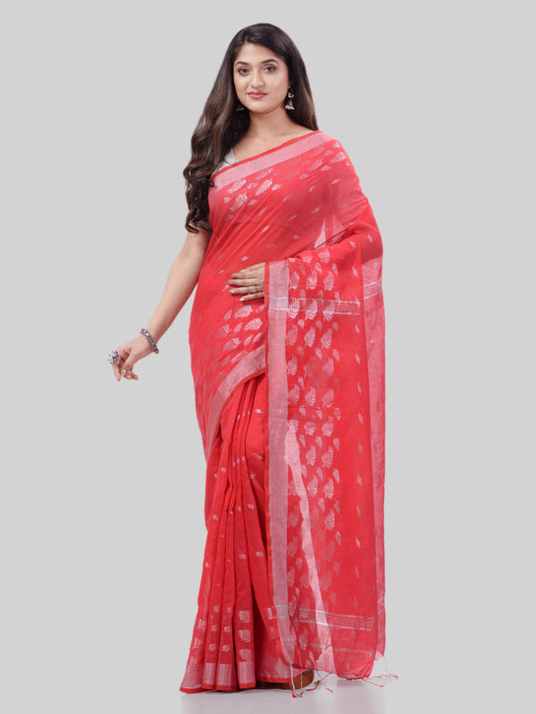 Women's Tant Cotton Silk Red Handloom Saree Flowting Leaves Work - Piyari Fashion