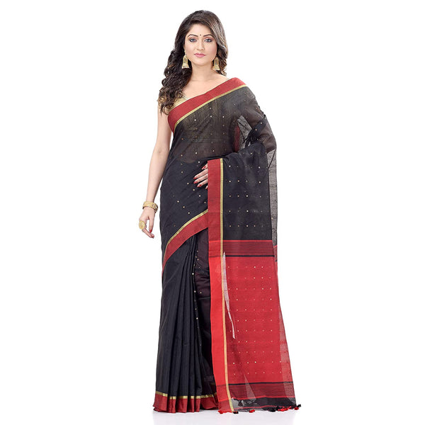 Women's Tant Silk Handloom Black Cotton Saree Sequence Work - Piyari Fashion