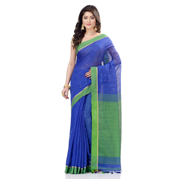 Women's Tant Silk Handloom Royal Blue Cotton Saree Sequence Work - Piyari Fashion