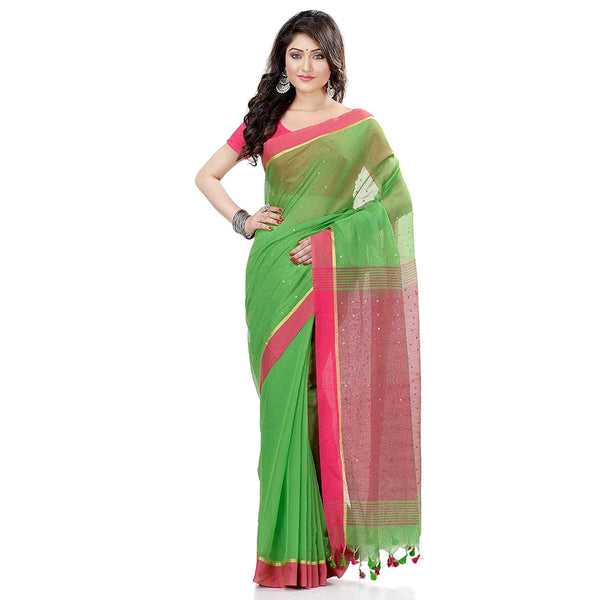 Women's Tant Silk Handloom Green Cotton Saree Sequence Work - Piyari Fashion