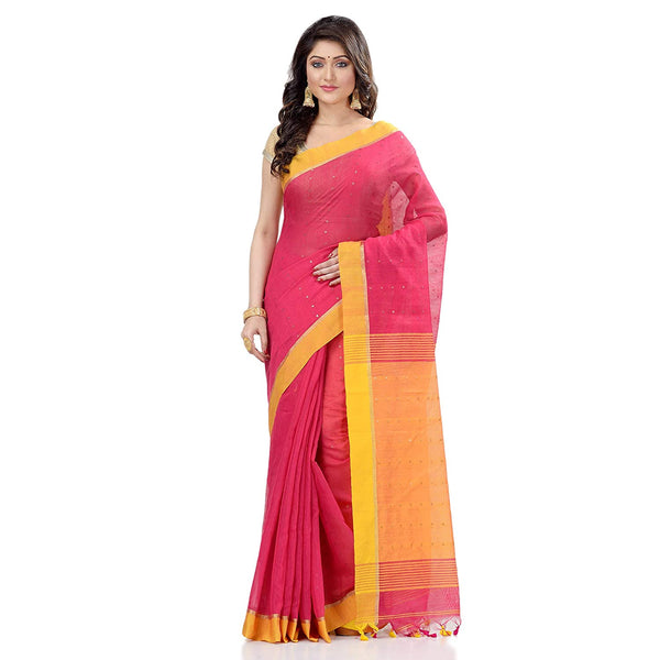 Women's Tant Silk Handloom Pink Cotton Saree Sequence Work - Piyari Fashion