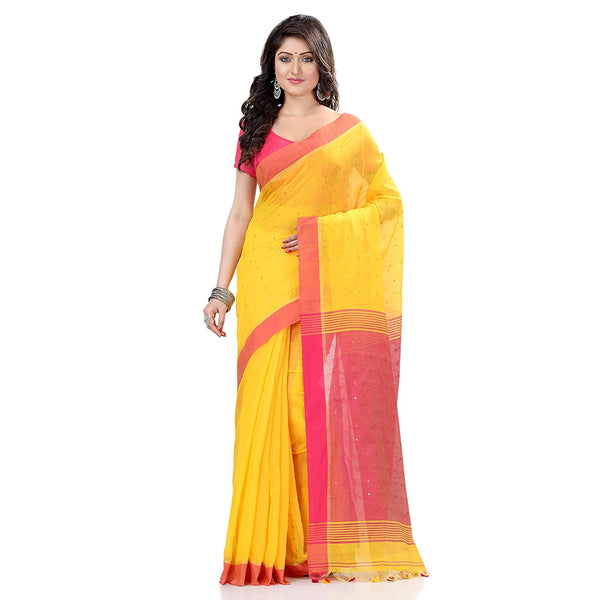 Women's Tant Silk Handloom Yellow Cotton Saree Sequence Work - Piyari Fashion