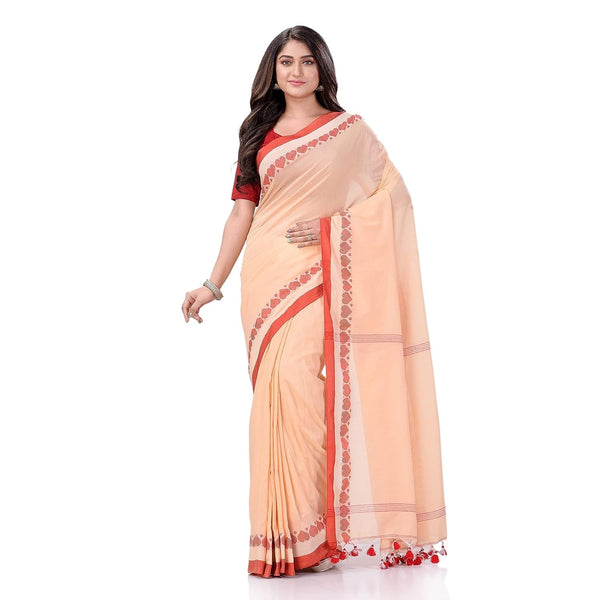 Women's Traditional Bengali Tant Handloom Cream Red Cotton Saree - Piyari Fashion