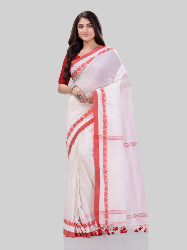 Women's Traditional Bengali Tant Handloom White Cotton Saree - Piyari Fashion