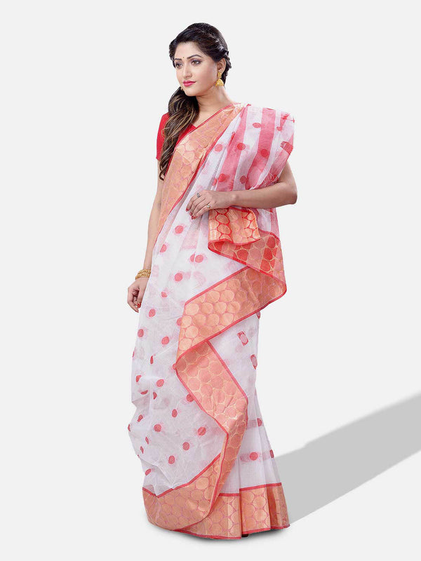 Women's Cotton White Tant Saree - Piyari Fashion