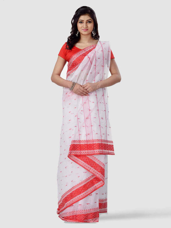 Women's Cotton White Tant Saree - Piyari Fashion