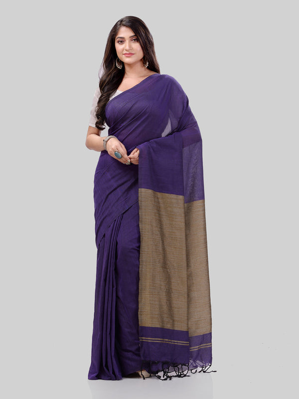 Women's Cotton Navy Blue Handloom Rupsagar Design Saree - Piyari Fashion