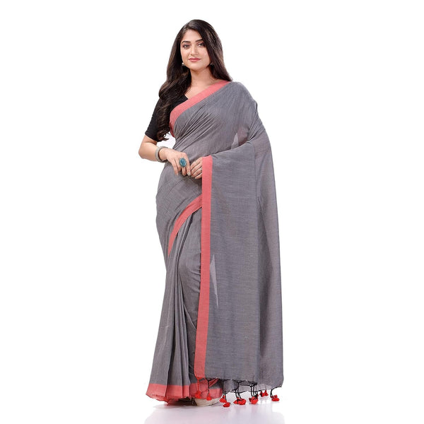 Women's Silver Grey Handspun Cotton Handloom Saree - Piyari Fashion