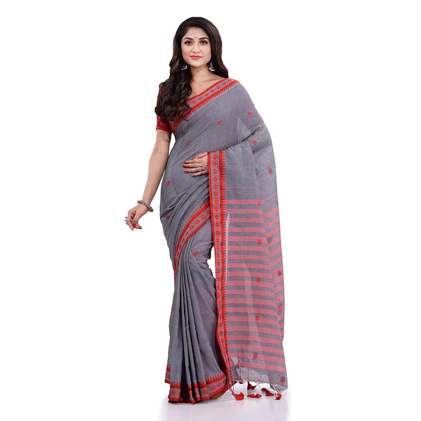 Women's Grey Handspun Cotton Tangail Saree - Piyari Fashion