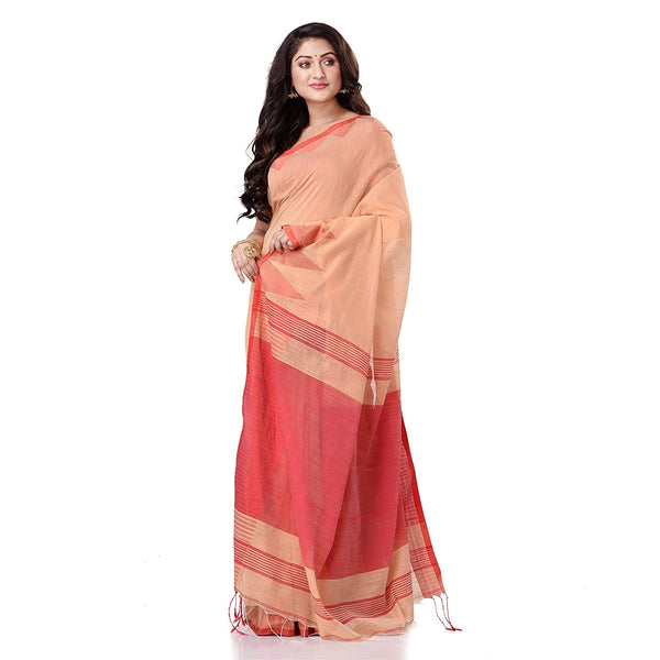 Women's Cotton Blend Beige Handloom Saree - Piyari Fashion