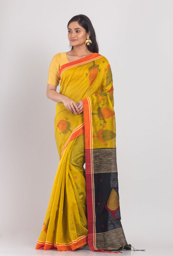 Women's Yellow Cotton Blend Handloom Jamdani Saree - Piyari Fashion