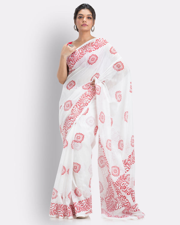 Women's Beige Cotton Blend Handloom Printed Saree - Piyari Fashion