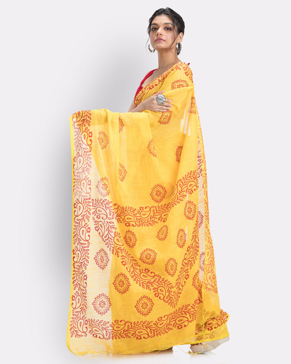 Women's Beige Cotton Blend Handloom Printed Saree - Piyari Fashion