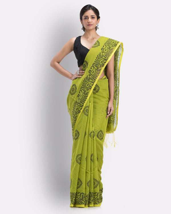 Women's Olive Cotton Blend Handloom Printed Saree - Piyari Fashion