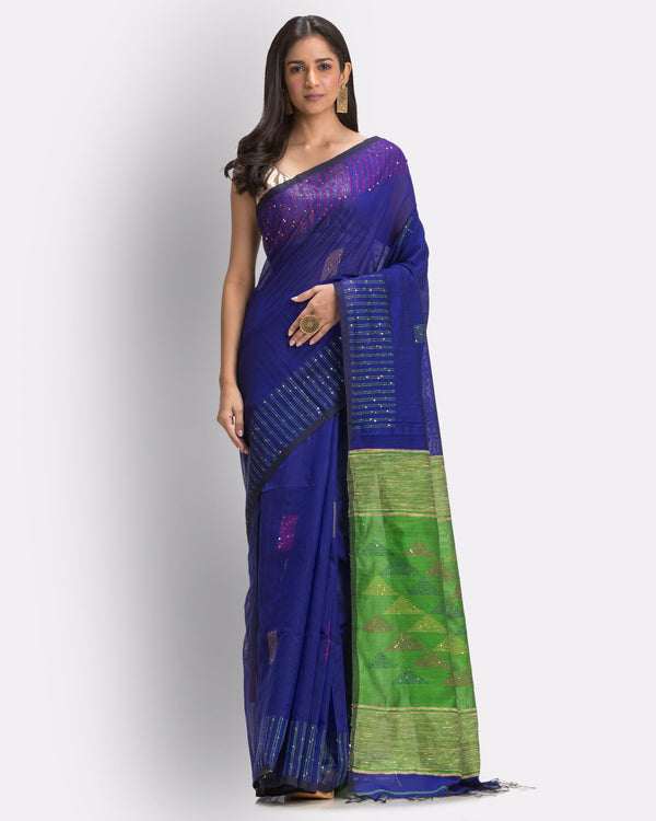 Women's Blue Cotton Blend Handloom Saree - Piyari Fashion