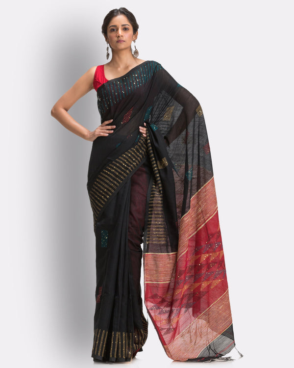 Women's Black Cotton Blend Handloom Saree - Piyari Fashion