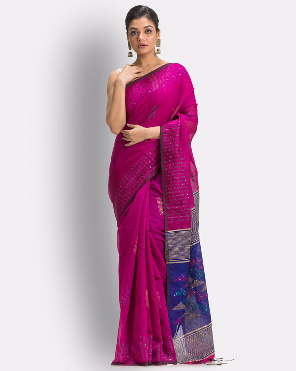 Women's Pink Cotton Blend Handloom Saree - Piyari Fashion