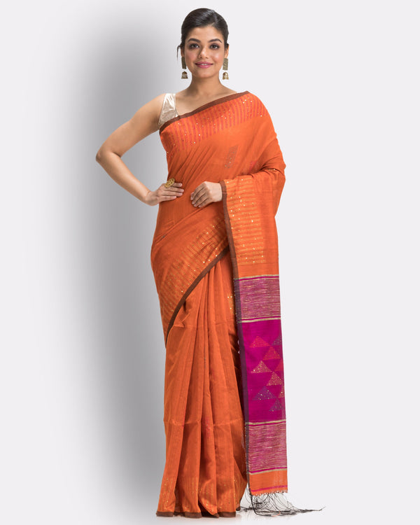 Women's Orange Cotton Blend Handloom Saree - Piyari Fashion