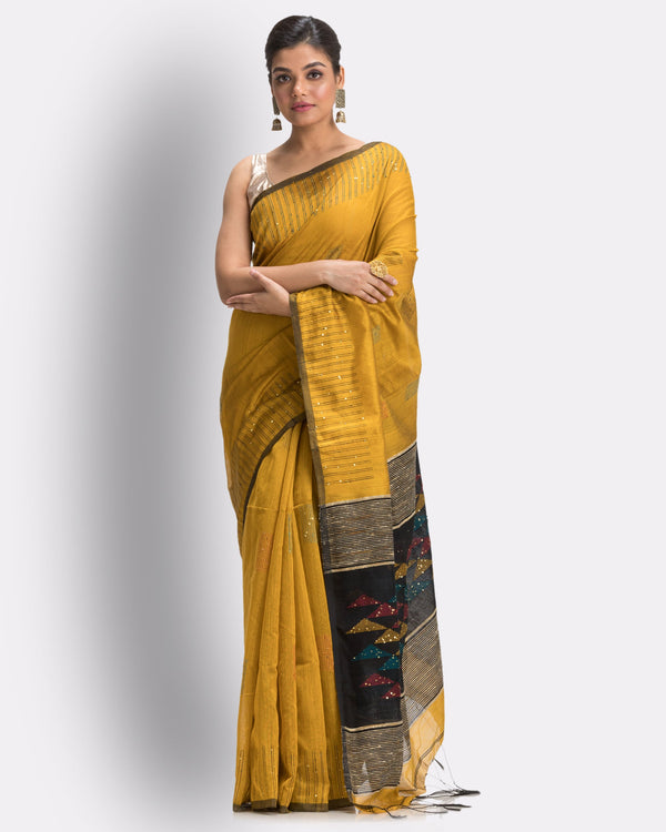 Women's Yellow Cotton Blend Handloom Saree - Piyari Fashion