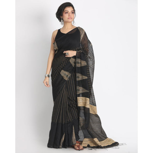 Women's Black Cotton Blend Handloom Saree - Piyari Fashion