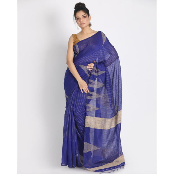 Women's Blue Cotton Blend Handloom Saree - Piyari Fashion