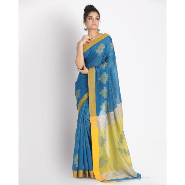 Women's Blue Cotton Blend Handloom Saree - Piyari Fashion