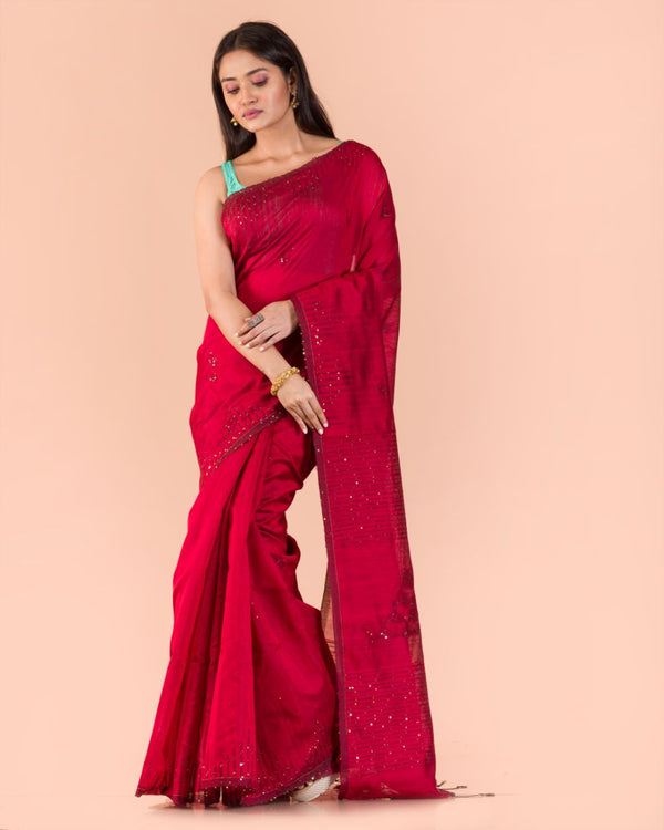 Women's Red Cotton Blend Handloom Saree - Piyari Fashion