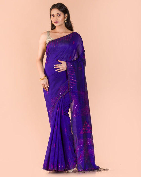 Women's Blue Cotton Blend Handloom Saree - Piyari Fashion