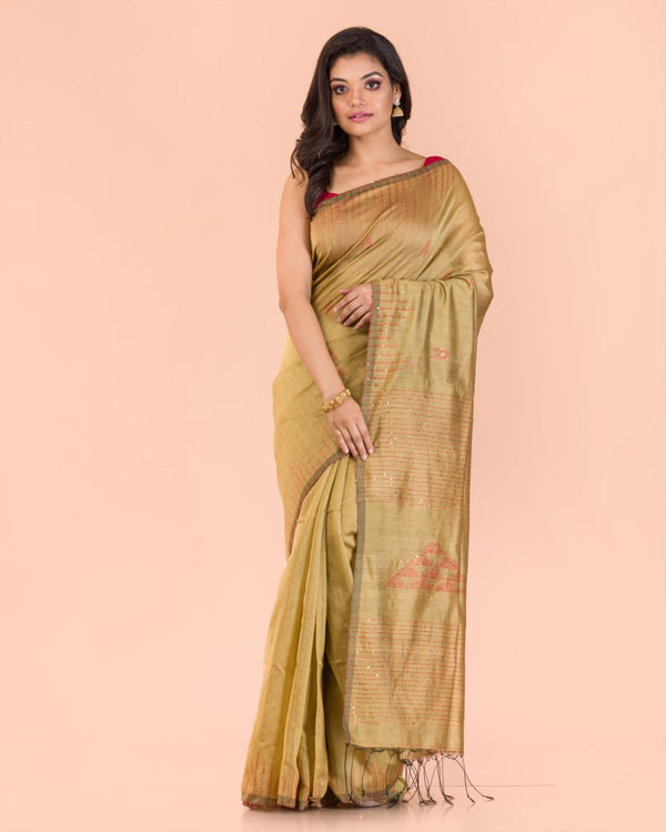 Women's Beige Cotton Blend Handloom Saree - Piyari Fashion