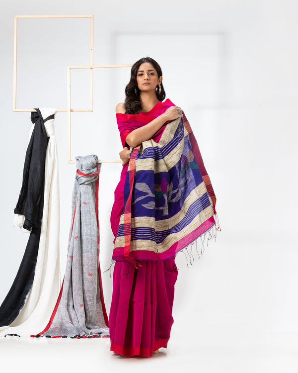 Women's Pink Cotton Blend Handloom Saree - Piyari Fashion