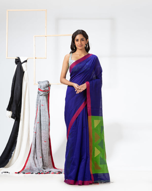 Women's Blue Cotton Blend Handloom Saree - Piyari Fashion