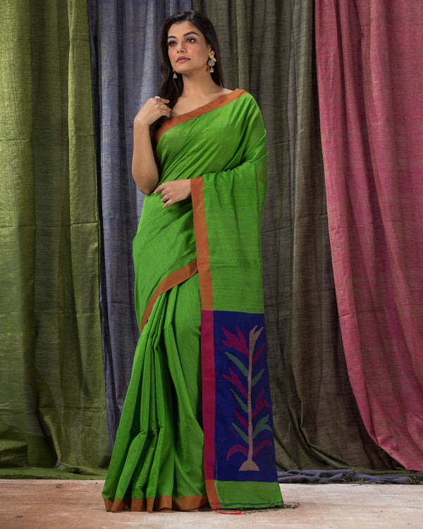 Women's Green Cotton Blend Handloom Jamdani Saree - Piyari Fashion