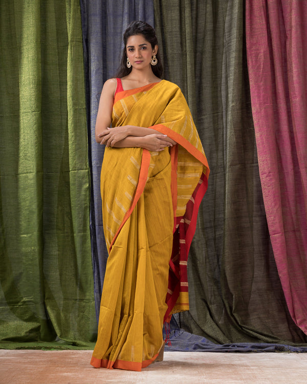 Women's Yellow Cotton Blend Handloom Jamdani Saree - Piyari Fashion