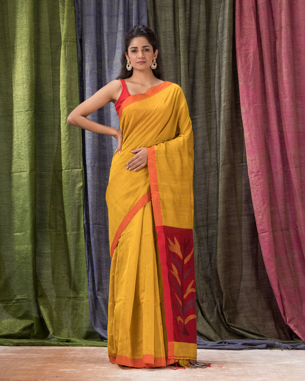 Women's Yellow Cotton Blend Handloom Jamdani Saree - Piyari Fashion