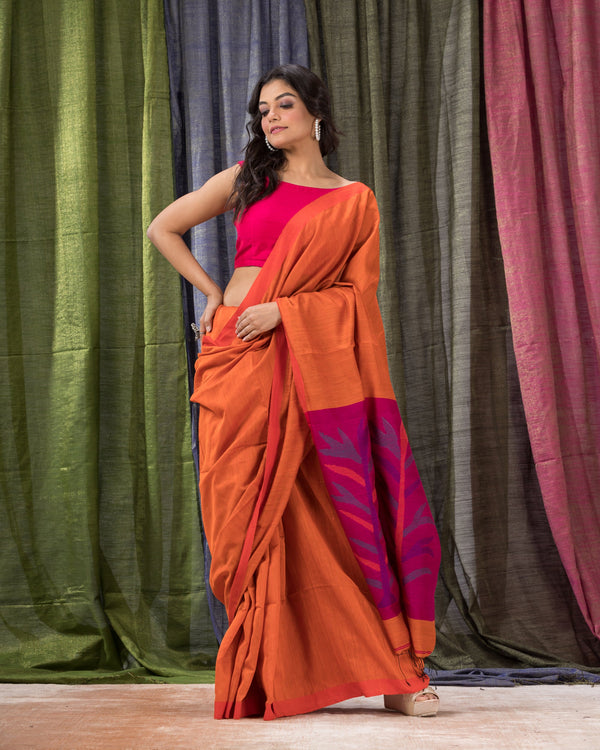 Women's Orange Cotton Blend Handloom Jamdani Saree - Piyari Fashion