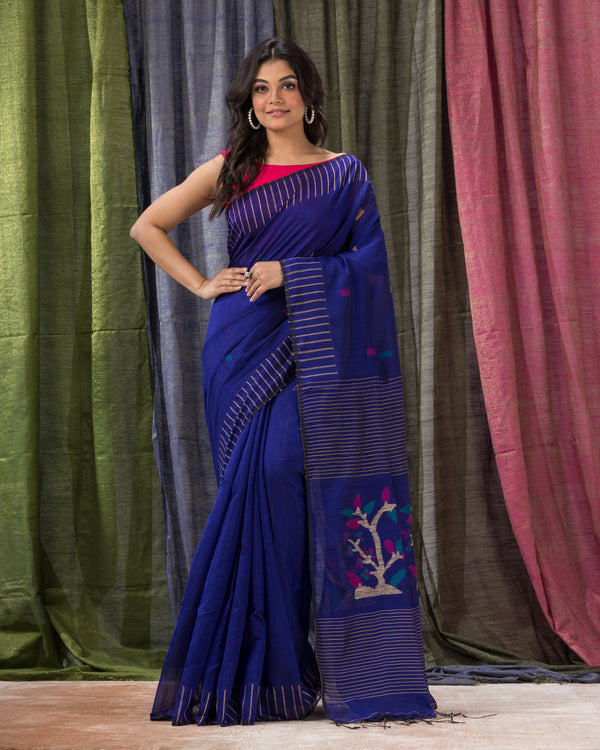 Women's Blue Cotton Blend Handloom Jamdani Saree - Piyari Fashion