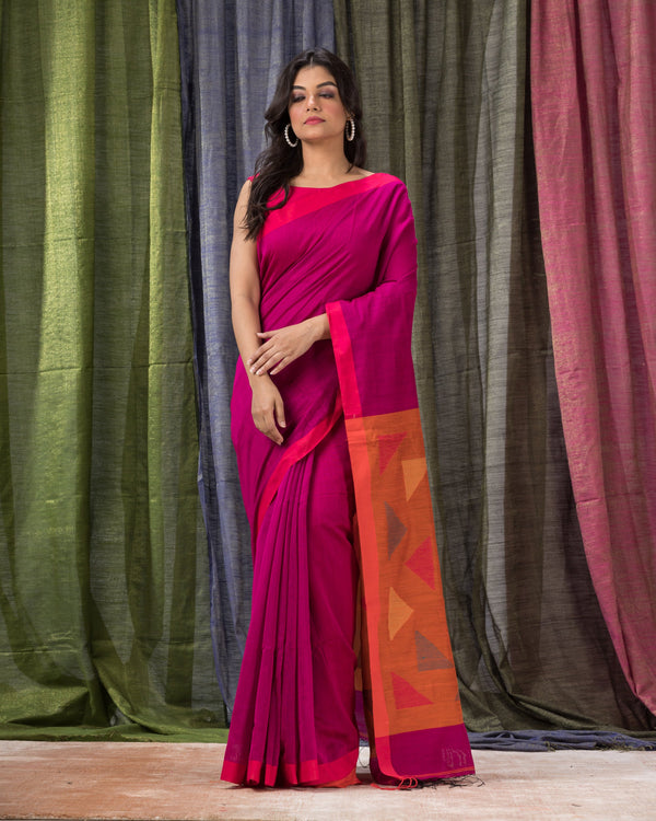 Women's Pink Cotton Blend Handloom Jamdani Saree - Piyari Fashion