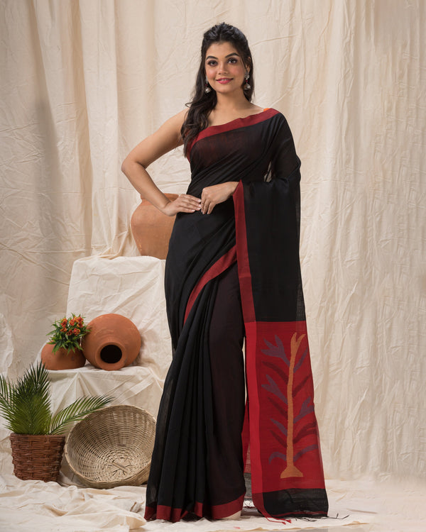 Women's Black Cotton Blend Handloom Jamdani Saree - Piyari Fashion