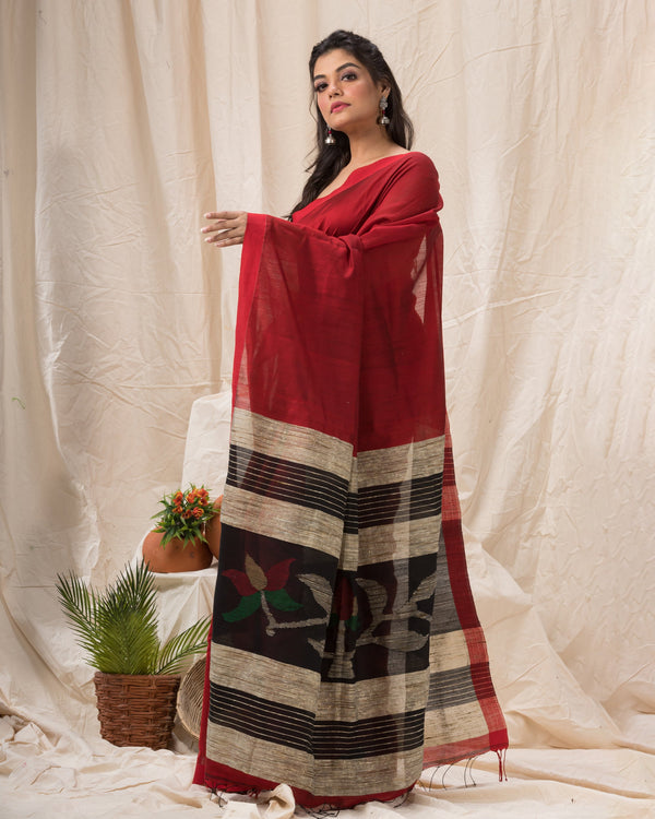 Women's Red Cotton Blend Handloom Jamdani Saree - Piyari Fashion