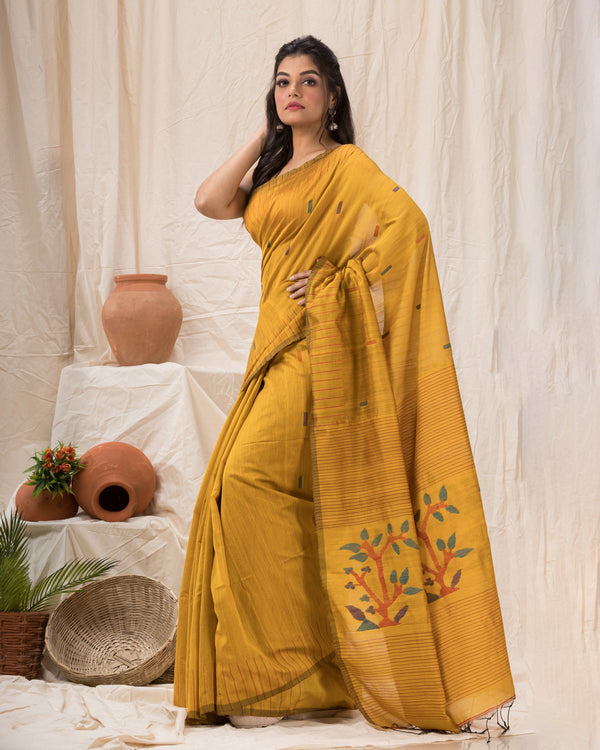 Women's Yellow Cotton Blend Handloom Jamdani Saree - Piyari Fashion