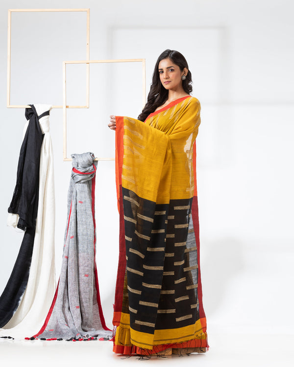 Women's Yellow Cotton Blend Handloom Jamdani Saree - Piyari Fashion