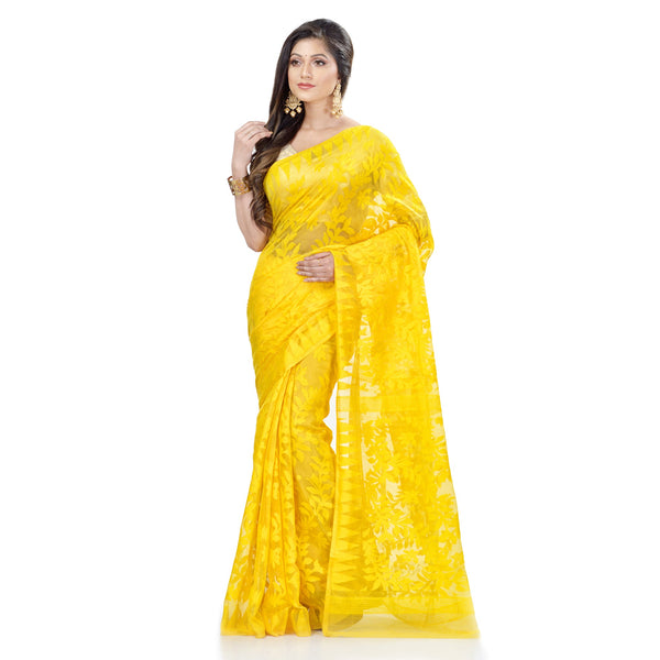 Women's Cotton Blend Handloom Yellow Jamdani Saree - Piyari Fashion