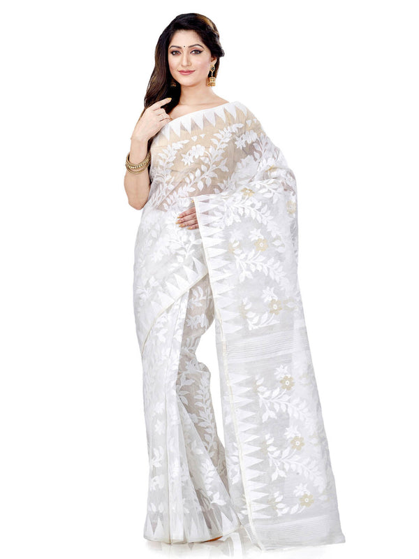 Women's Cotton Blend Handloom White Jamdani Saree - Piyari Fashion