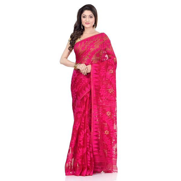 Women's Cotton Blend Handloom Pink Jamdani Saree - Piyari Fashion