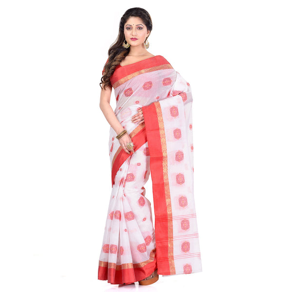 Women's Handloom Cotton White Tant Saree - Piyari Fashion