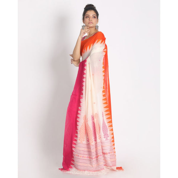 Women's Handspun Cotton White Handloom Tangail Saree - Piyari Fashion