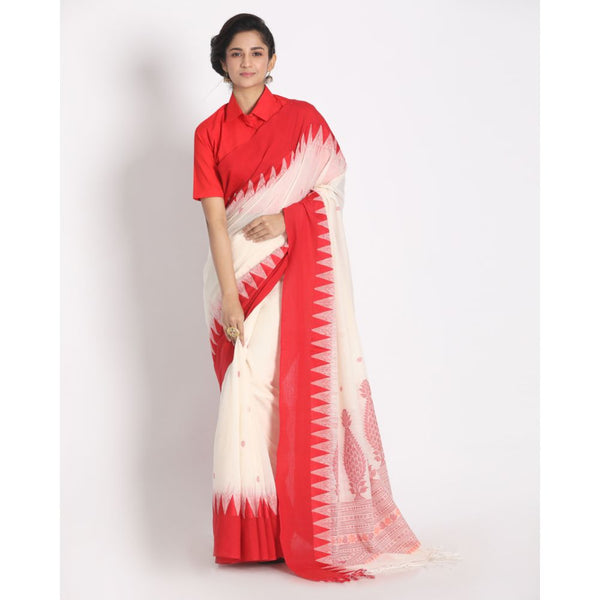 Women's Handspun Cotton White Handloom Tangail Saree - Piyari Fashion