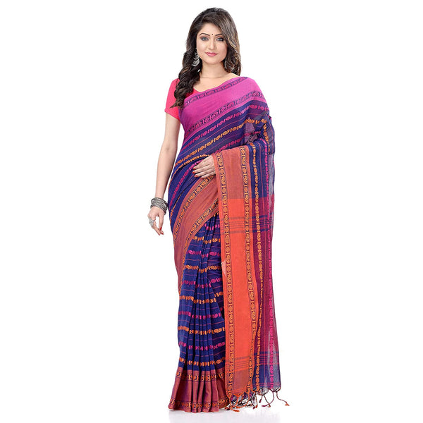 Women's Handwoven Blue Dhaniakhali Pure Cotton Saree - Piyari Fashion